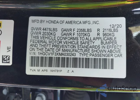 2021 Honda Accord Sport from USA, damaged, VIN 1HGCV1F3XMA030243
